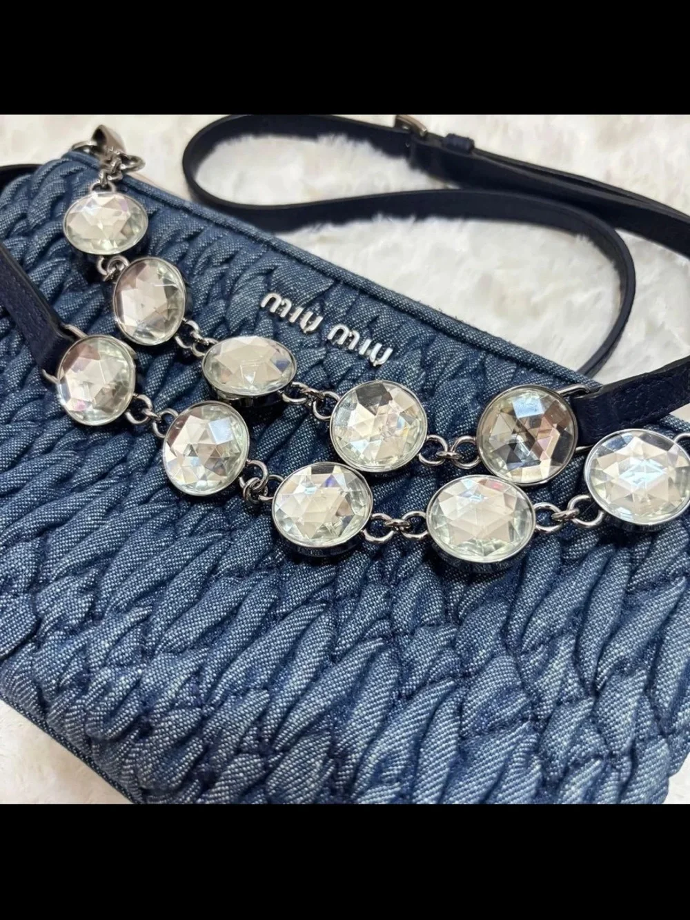 Miu Miu Navy Quilted Denim Crossbody with Crystal Accent